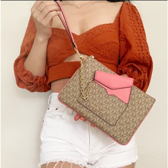 Michael Kors Jet Set Large 2 In 1 Card Case Wristlet Clutch Tea Rose Pink MK - Picture 1 of 5